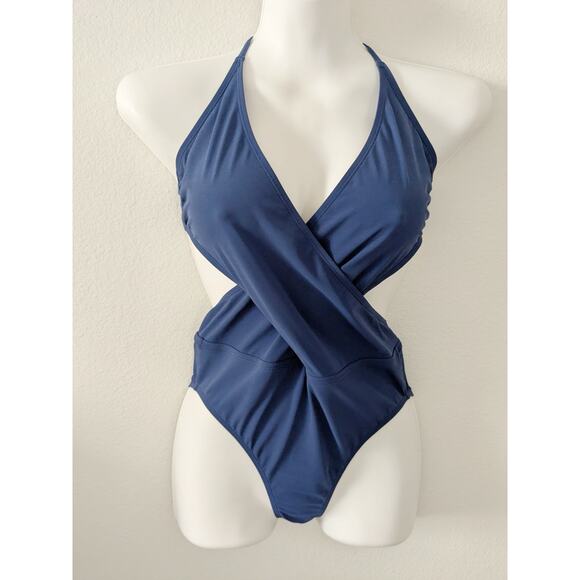 TORY‎ BURCH Wrap Halter One Piece Swimsuit Capri Blue Resort Cruise 36528 Sz S - Picture 4 of 8